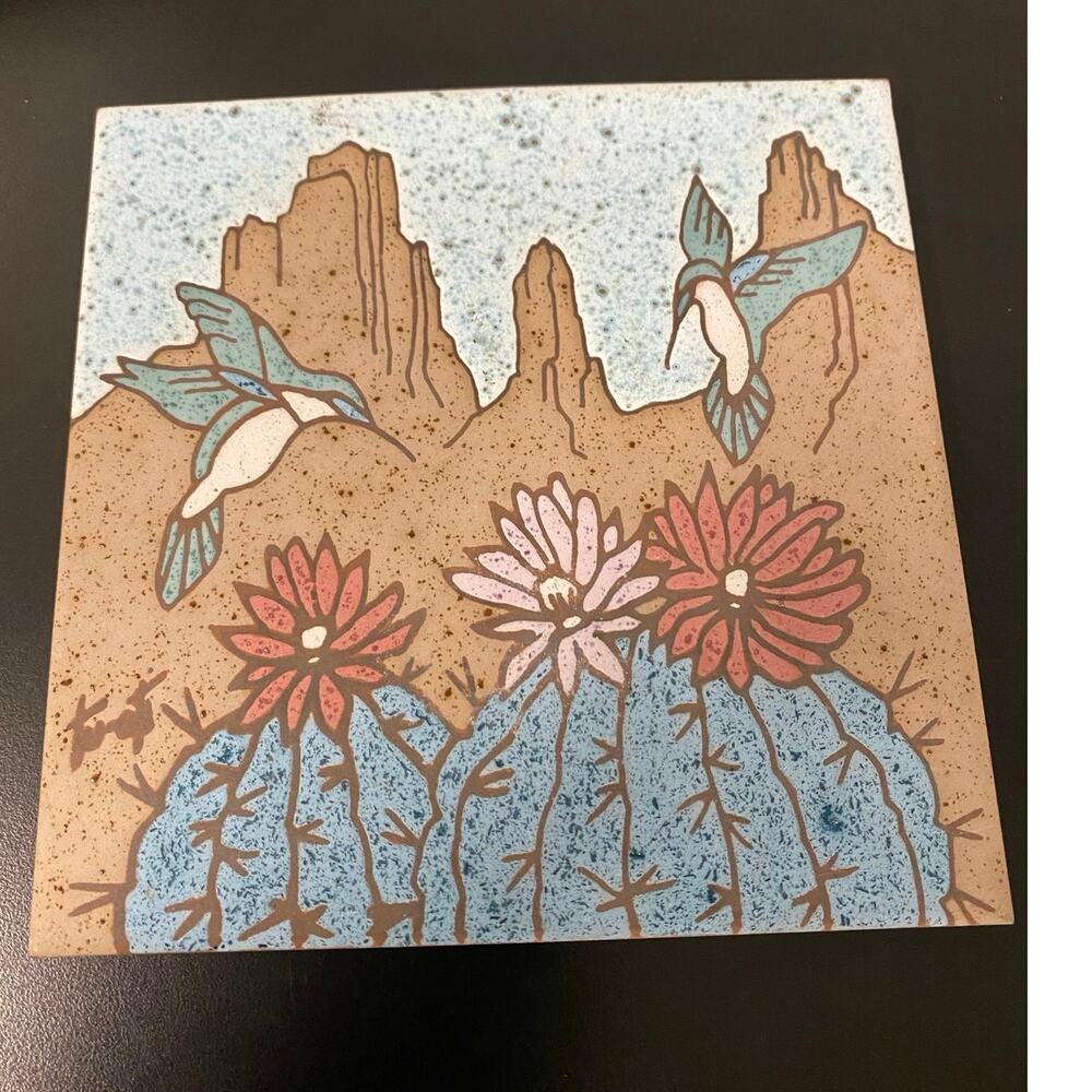 Earthtones Hummingbird designer 1990 hand glazed‎ Tile Trivet signed Tu Oti